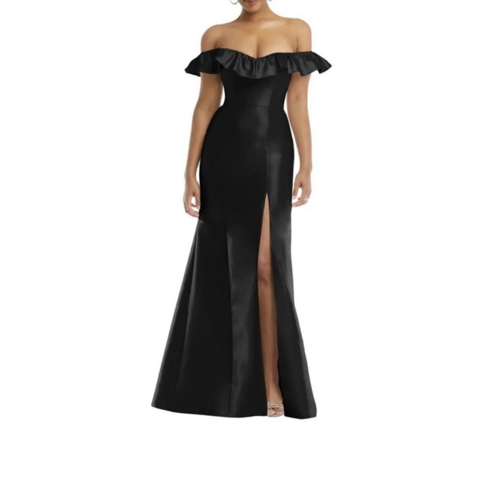 ALFRED SUNG OFF THE SHOULDER RUFFLE SATIN TRUMPET GOWN SZ 6